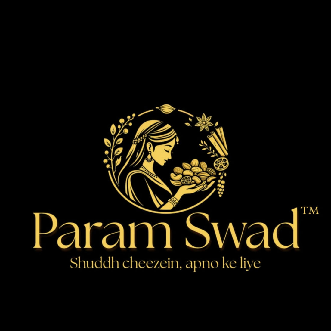 Logo of Param Swad with a woman holding spices on a black background
